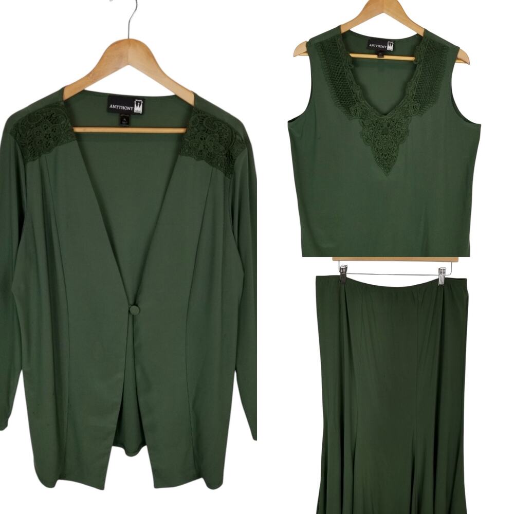 Antthony Original Green 3 Piece Set Stretch Knit Midi Skirt Tank Top Blazer XL
